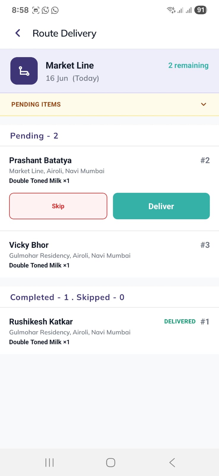 Route delivery — mark each stop Deliver or Skip