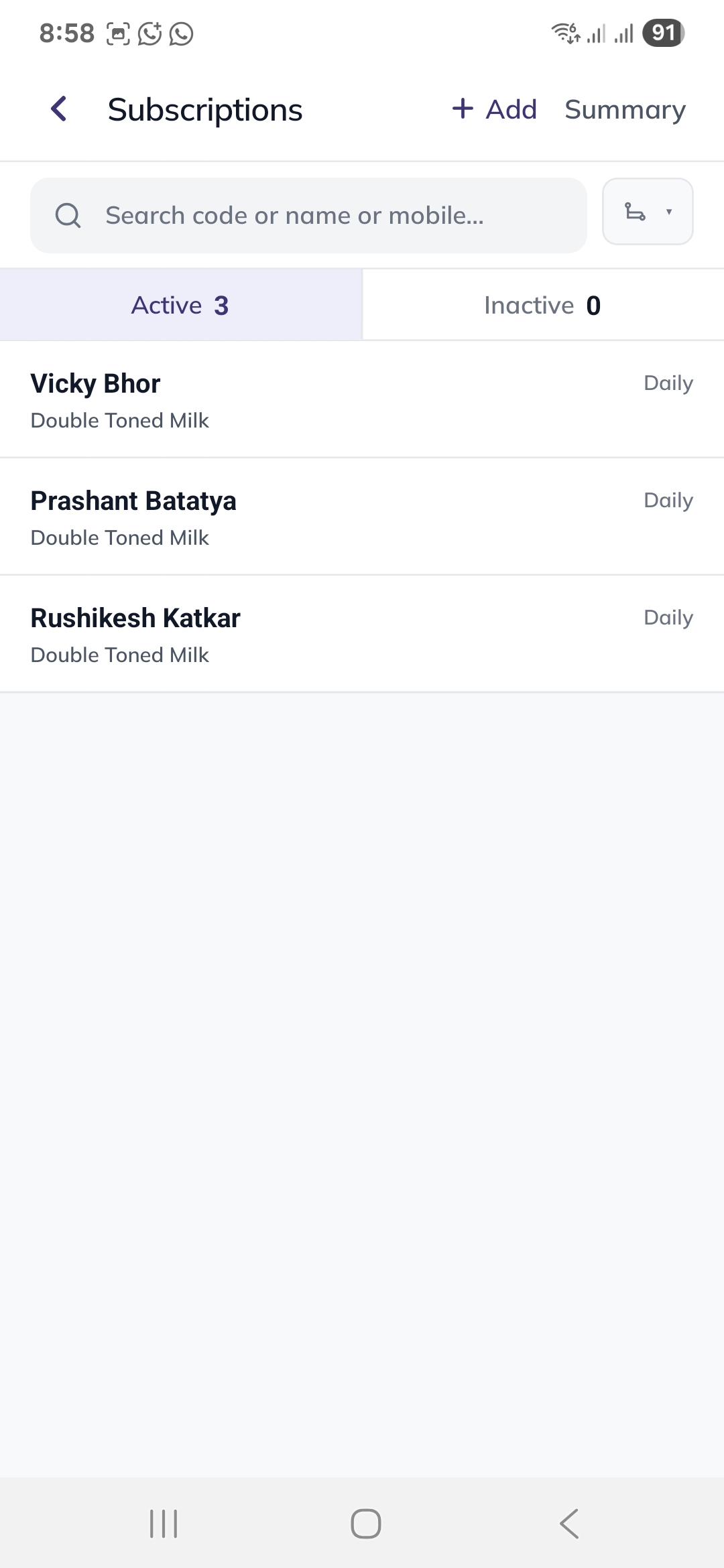 Subscriptions list — daily recurring deliveries